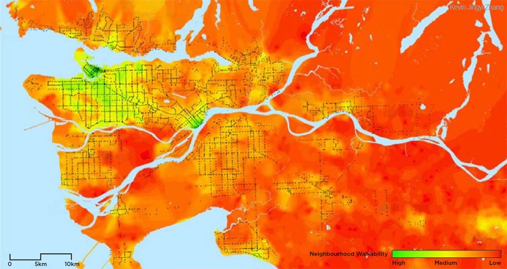 Bus Stops and Walkability Bus stops are overlaid over a walkability map of Metro Vancouver, Bus Stop Urban Design, Kevin Jingyi Zhang.