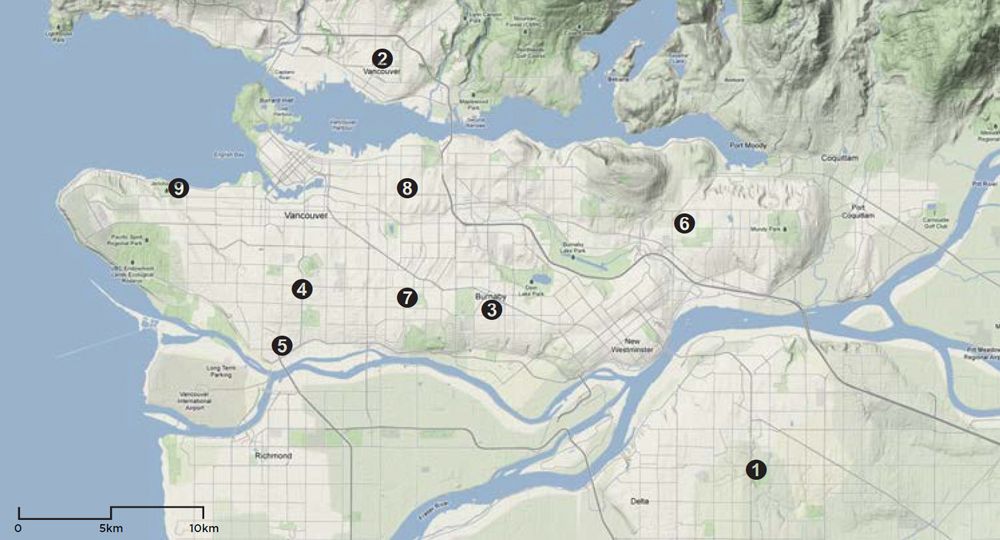 Map of Selected TransLink Bus Stops in Metro Vancouver. Bus Stop Urban Design, Kevin Jingyi Zhang.